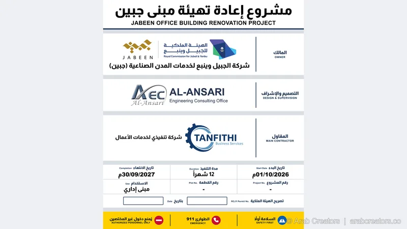 تصميم لوحة مشروع من ستة ألواح: اسم المشروع والمالك والاستشاري والمقاول وبيانات المشروع وشريط السلامة