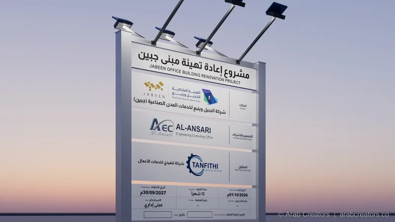 لوحة مشروع مضاءة بكشافات شمسية عند الغروب
