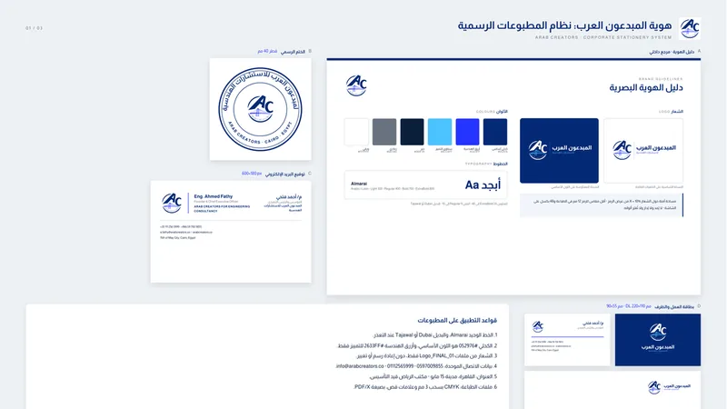 لوحة مرجعية للهوية تشمل الألوان والخطوط والختم الرسمي وتوقيع البريد والكارت والظرف