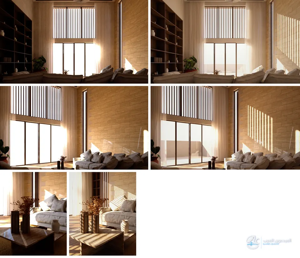 مقارنة بين النموذج الأساسي في 3ds Max والصورة النهائية لثلاث لقطات للصالة
