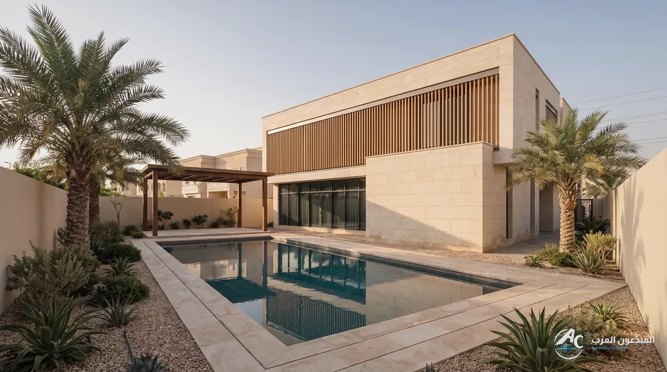 Rectangular pool in the rear garden in front of the villa facade, among date palms