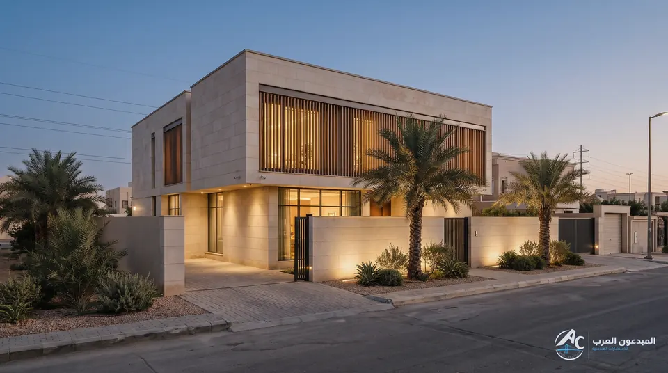 Villa facade after sunset with warm interior lighting under a blue sky