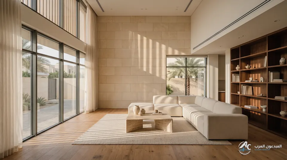 Double-height living room with a light sofa, timber shelving and sheer curtains facing the garden