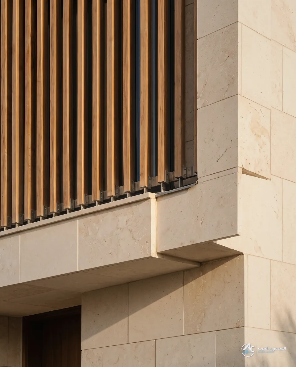Detail where the vertical timber screen meets the limestone facade
