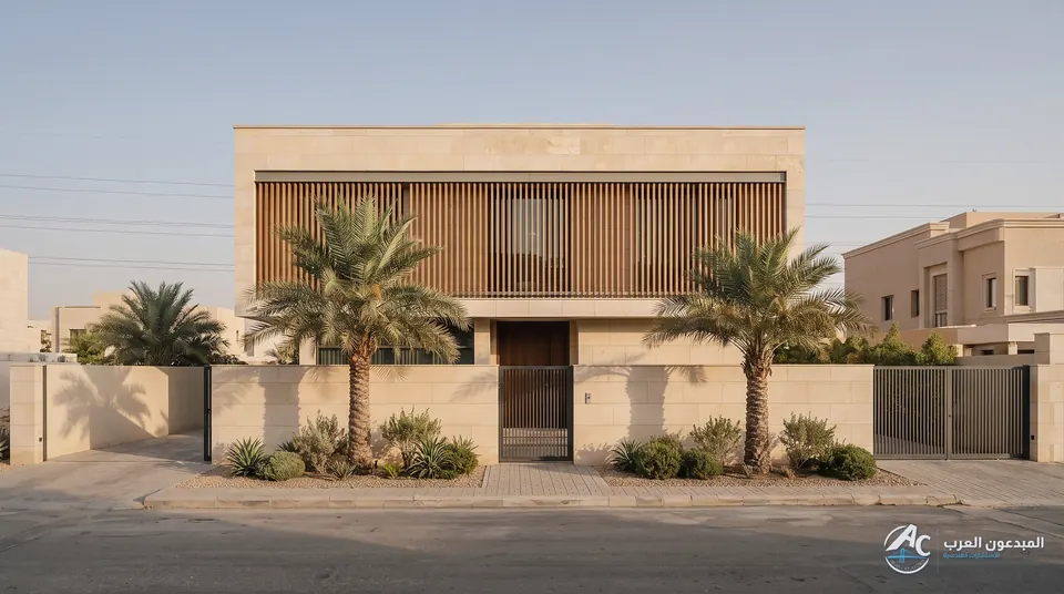 Front elevation on axis with a timber screen on the upper floor and palms on both sides