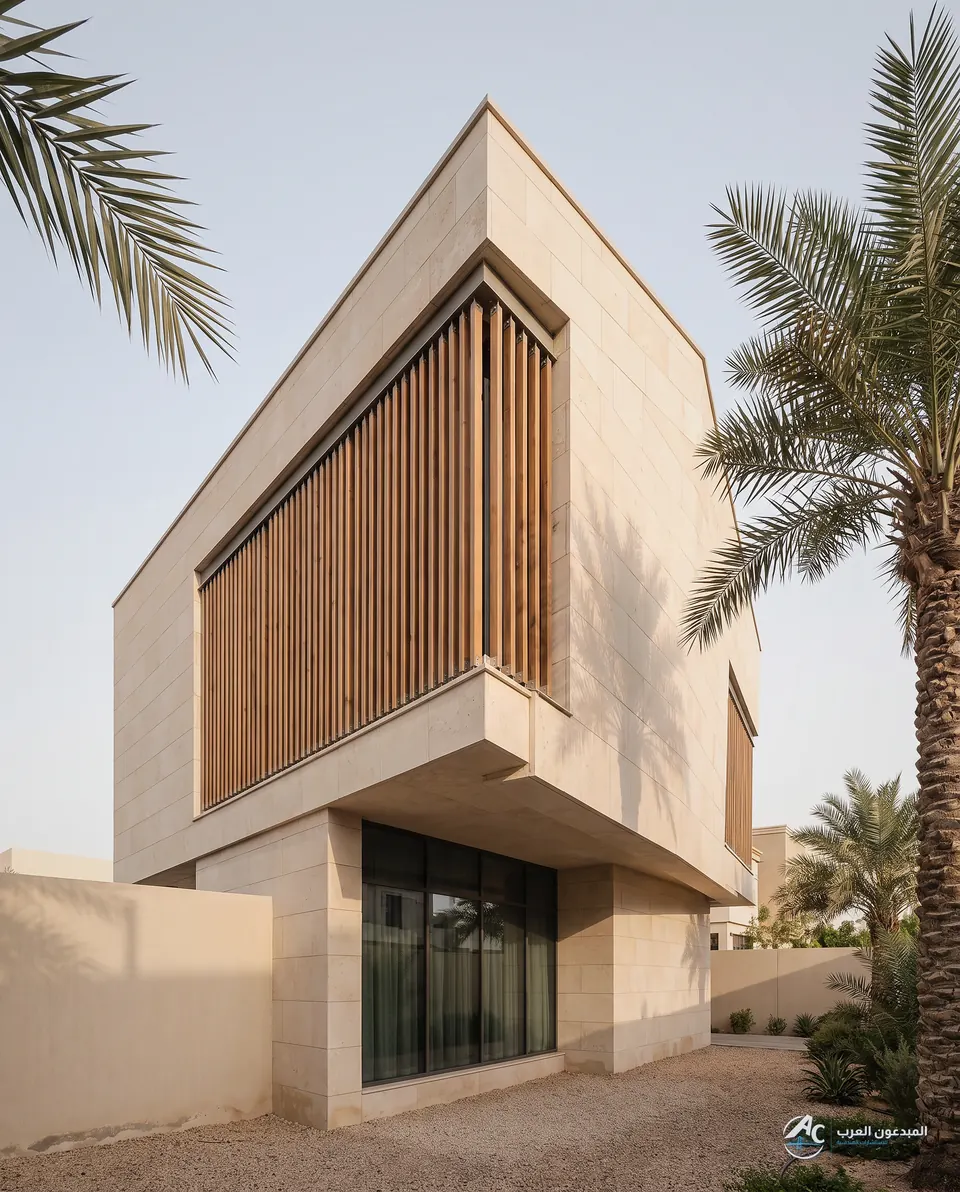 Cantilevered upper volume in limestone with a timber screen, seen from a low angle beside a palm