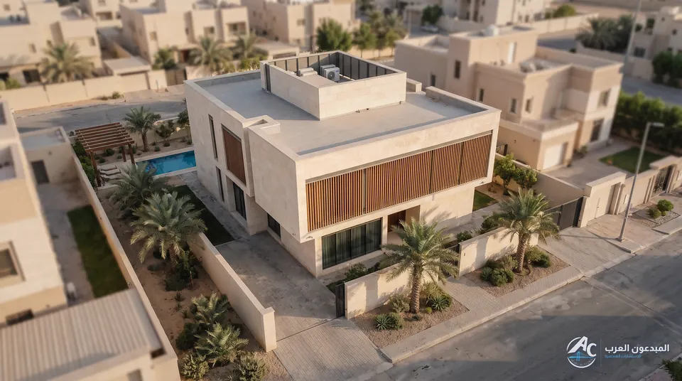 Aerial view of the plot showing the villa, pool, garden and neighbouring houses