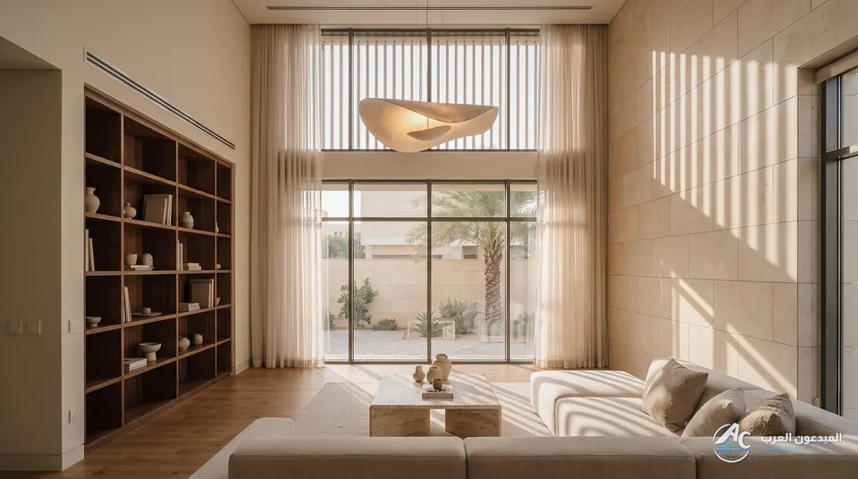 Living room axis towards the garden with a stone wall, timber shelving and a light sofa
