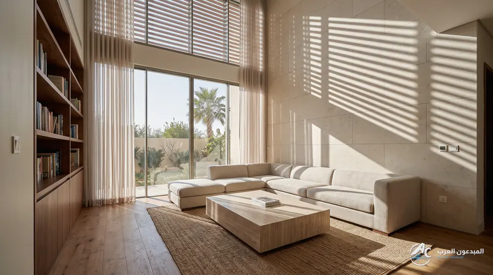 Living room seen from the shelving with louver shadows on the floor and sheer curtains