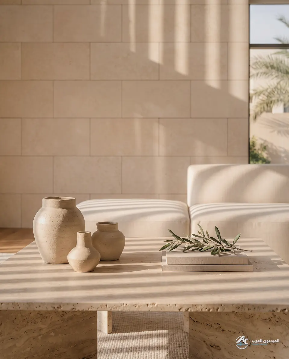 Travertine table with vases under the shadows of the timber louvers