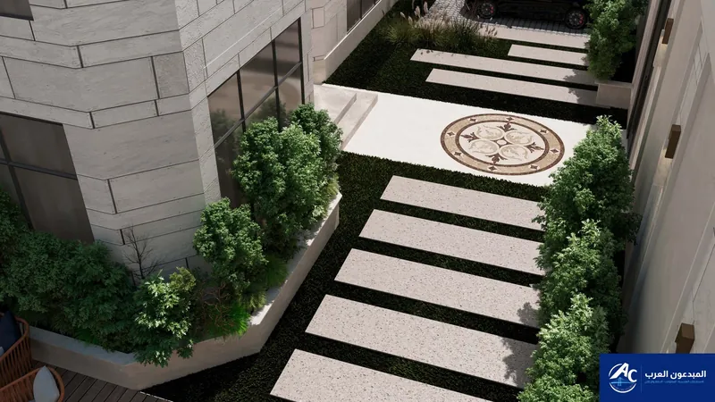 Path of stone slabs on grass with shrubs and a circular floor inlay