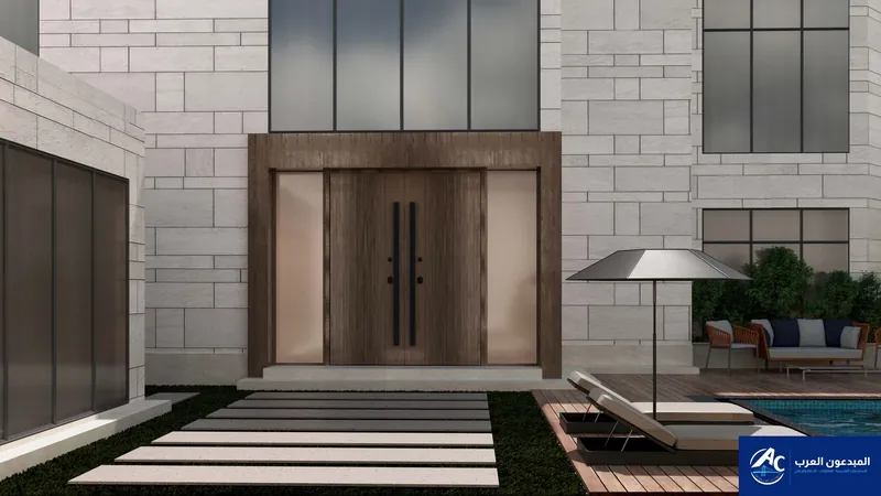 Double timber door in a stone frame with clerestory glazing and front steps