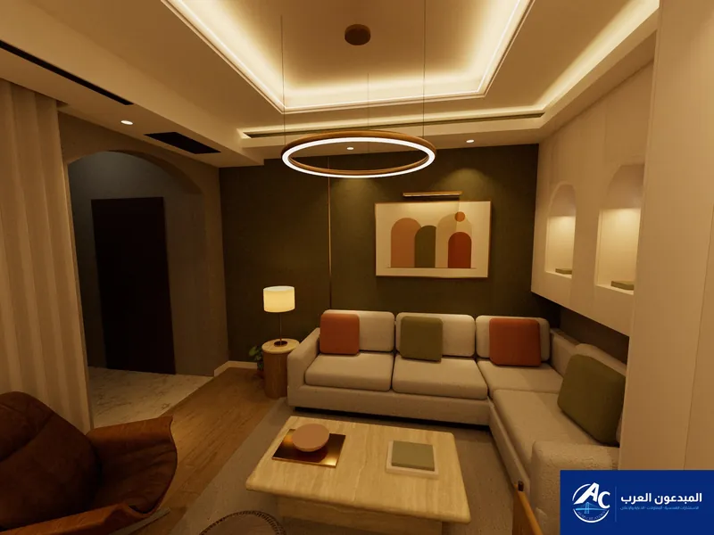 Living room with a light corner sofa, timber table and a ring pendant