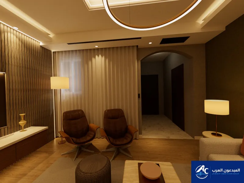 Two brown leather lounge chairs in front of a sheer curtain with a floor lamp