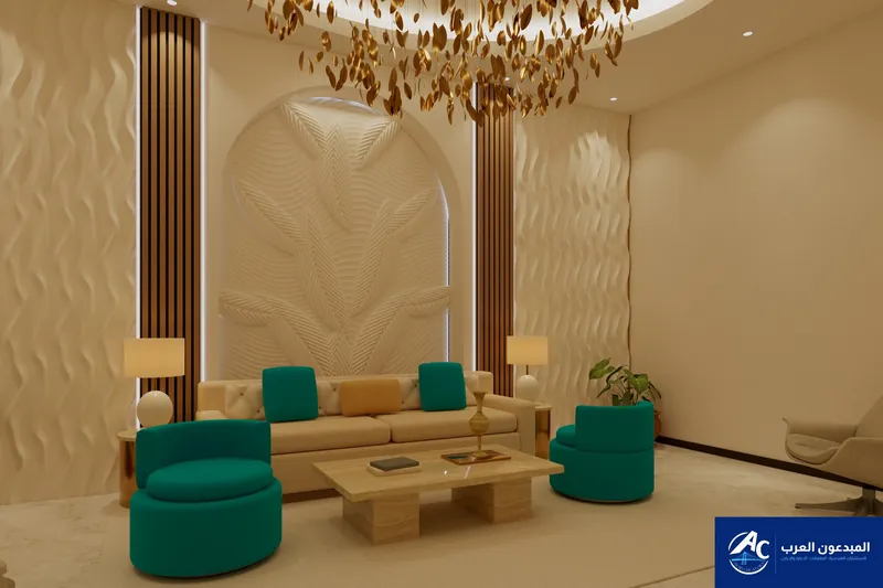 Relief wall framed by an arch and timber pilasters with a stone coffee table