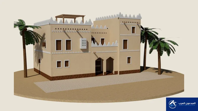 Two-storey mud-toned building with stepped parapets, small openings and palms