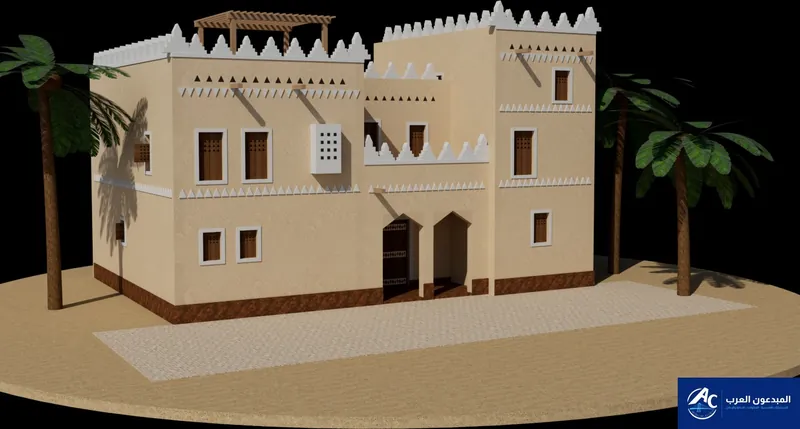 Night view of a Najdi facade with triangular crenellations and timber doors