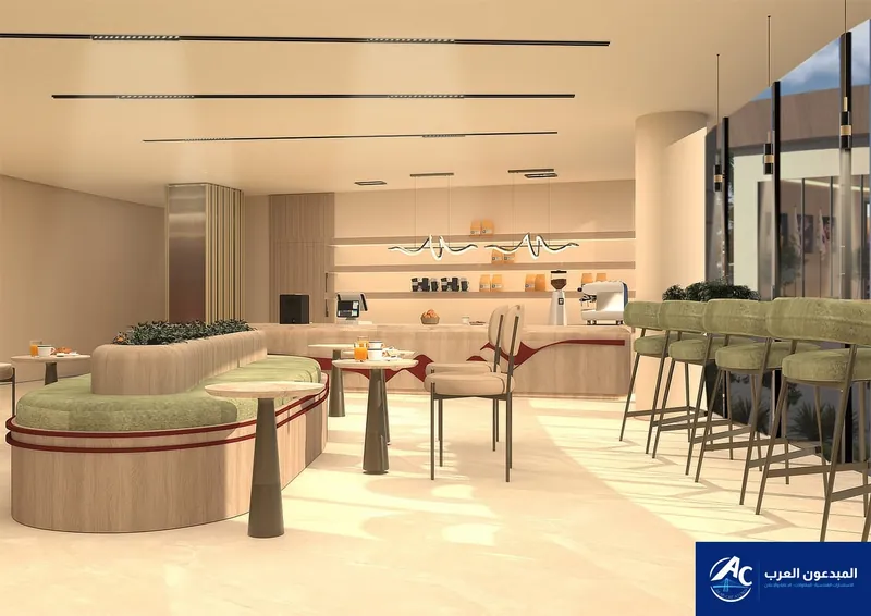 Hospitality corner with a curved banquette, high tables and lit display shelves