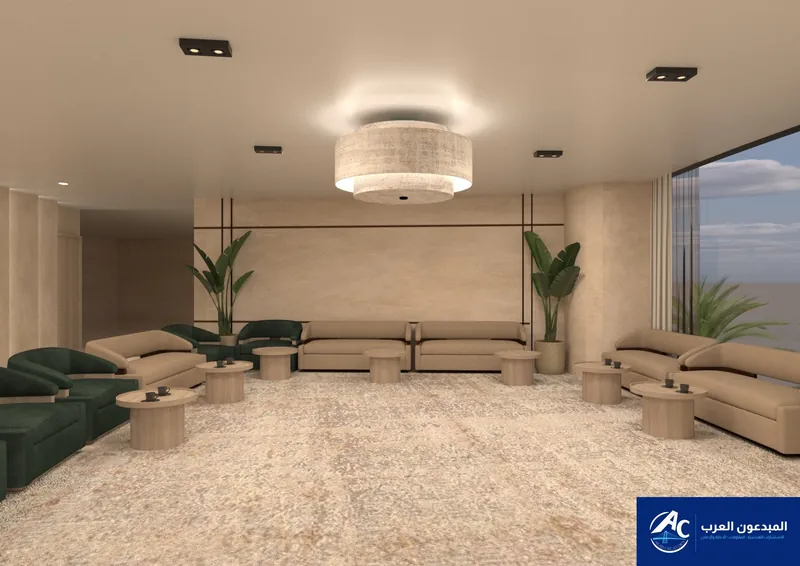 Visitor lounge with beige sofas, green armchairs, round timber tables and plants