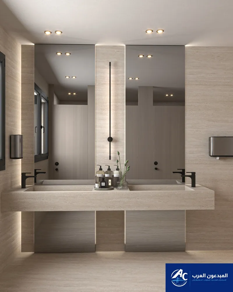Double stone vanity in front of two mirrors with concealed ceiling lighting