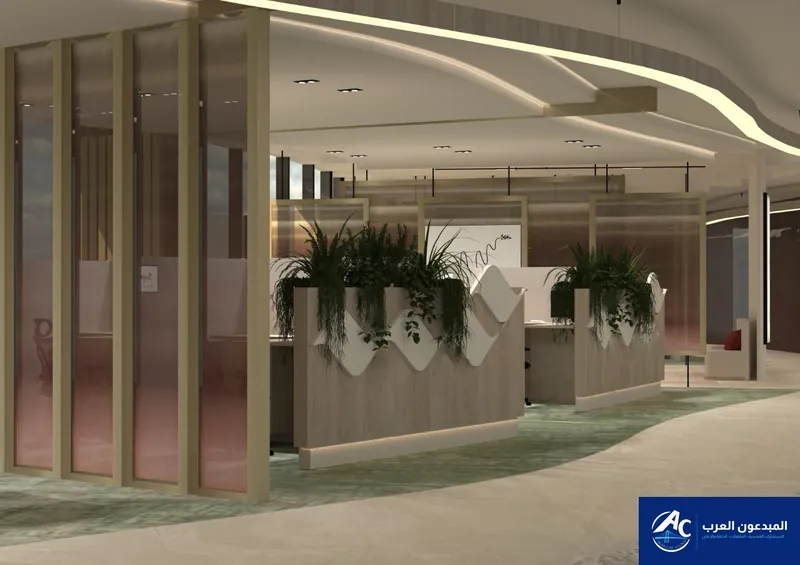 Open-plan workspace with planters between desks and a curved ceiling