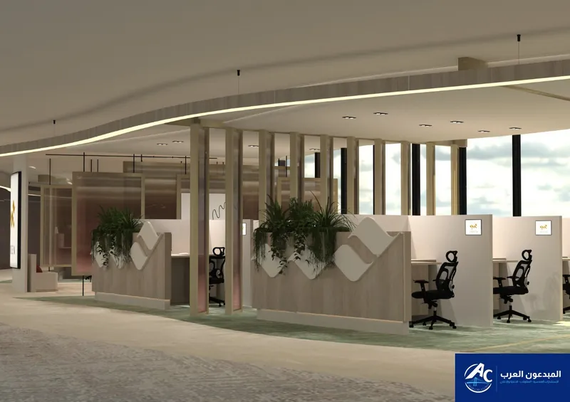Wide view of the workspace with vertical timber fins and linear lighting