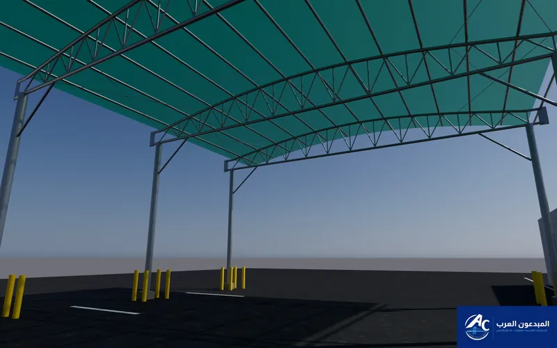 View from below the shade showing the trusses, columns and yellow bollards